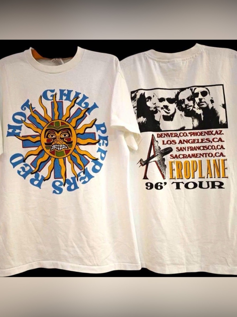 Gildan White Short-Sleeve T-Shirt with Multicolor Sun & Band Tour Graphics